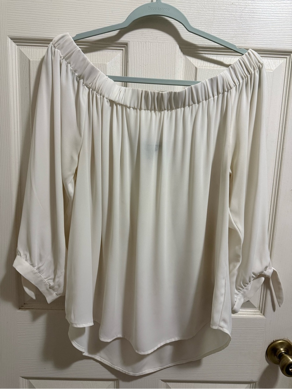 Express Off-the-Shoulder Cream Blouse with Tie Cuffs